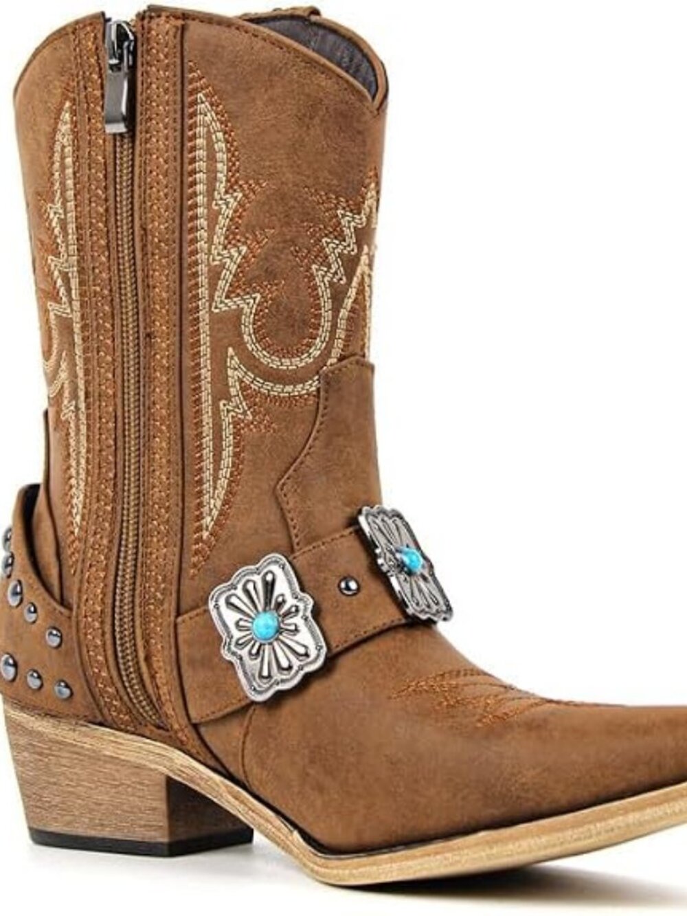 Women's Brown Ankle High Block Heel Pointed Toe Cowboy Rodeo Concert Boot - Picture 3 of 6